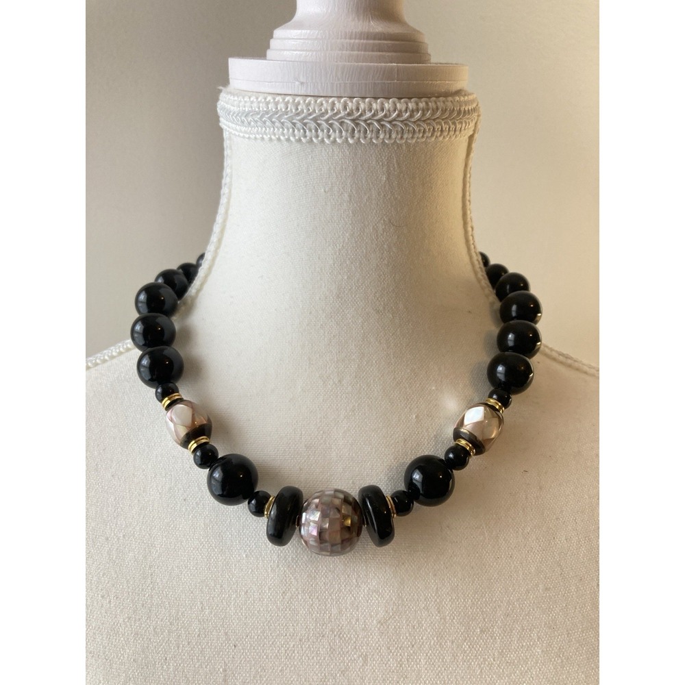 Chunky Black Beaded Collar Necklace Iridescent Mosaic‎ Center Gold Tone Accents